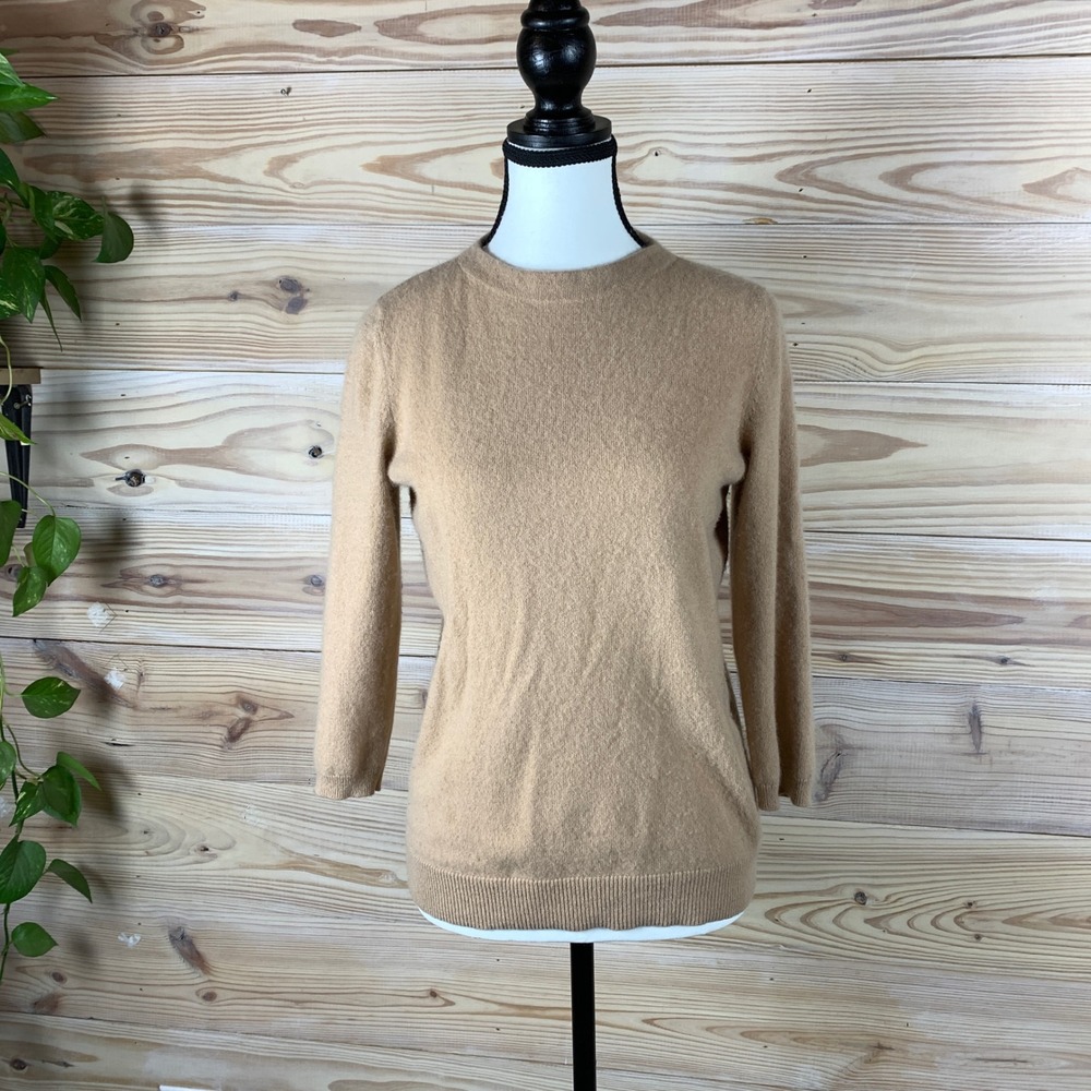 Talbots Sweater Women Medium Tan Pure Cashmere 3/4 Sleeve Luxury Neutral